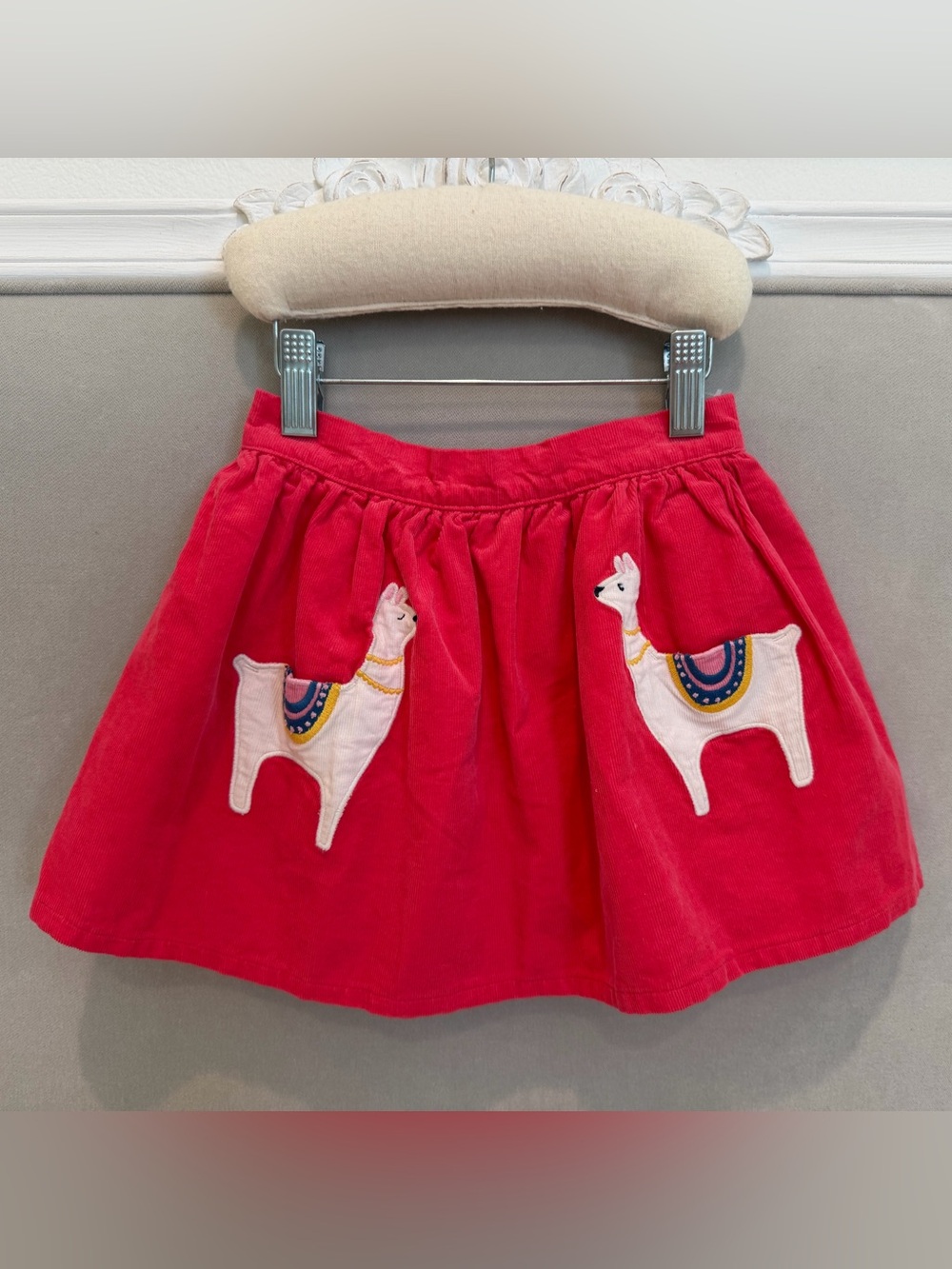 Mini Boden Bright Pink Corduroy Skirt with Llama Appliqués